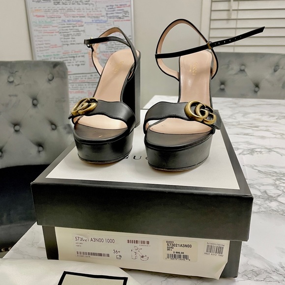100% Authentic Gucci Black Calfskin GG Marmont Ankle Wrap Platform Sandals - Picture 8 of 12